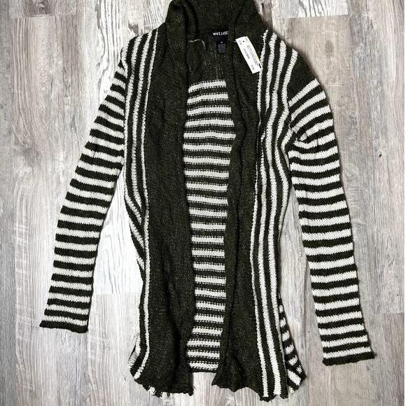 Wet Seal Olive Green & White Striped Knitted Open Front Cardigan Womens Size M - Picture 4 of 8